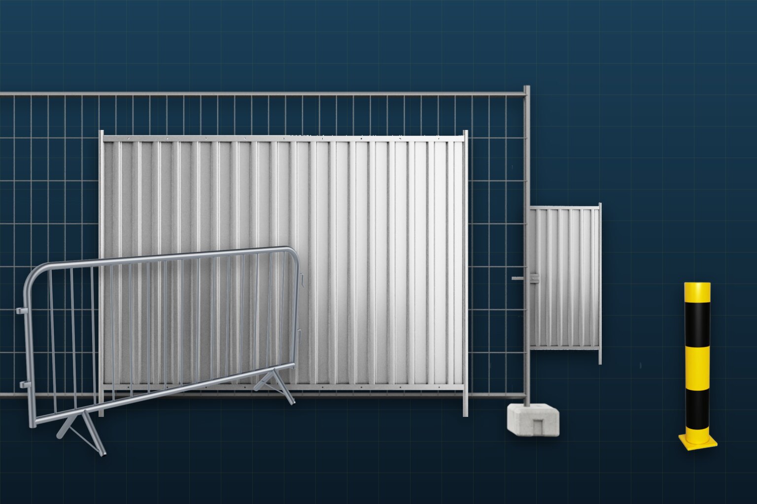 Product line-up: temporary fence panels, mobile barrier, gate leaf and blocking bollard
