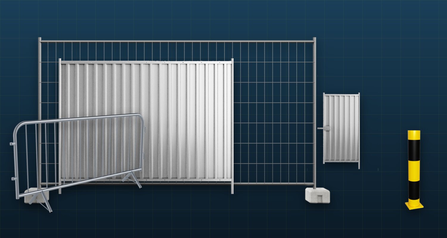 Product line-up: temporary fence panels, mobile barrier, gate leaf and blocking bollard