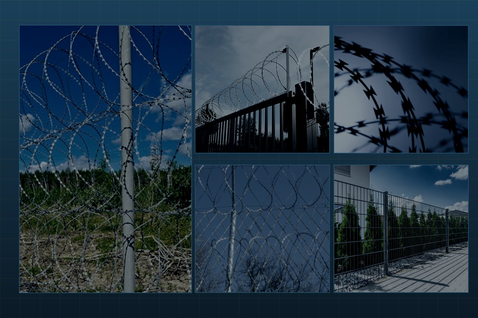 Installations with concertina coils, razor wire and welded-mesh perimeter fencing