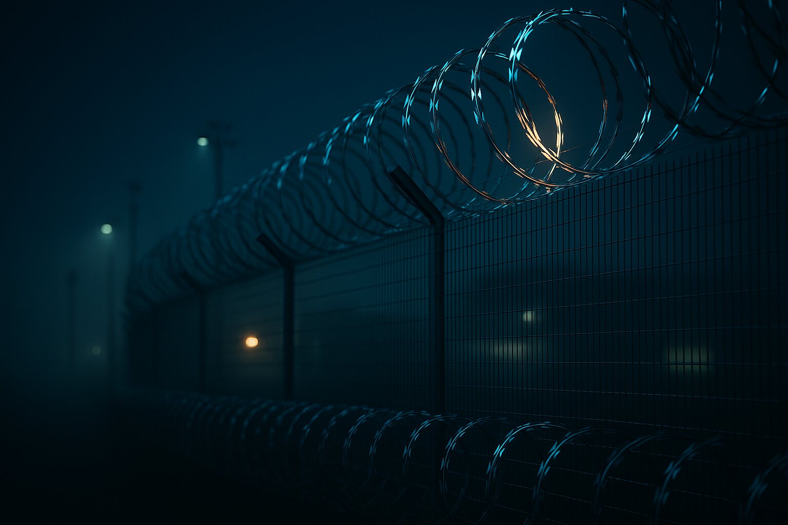 High-security perimeter fence topped with concertina razor wire protecting an industrial facility at night