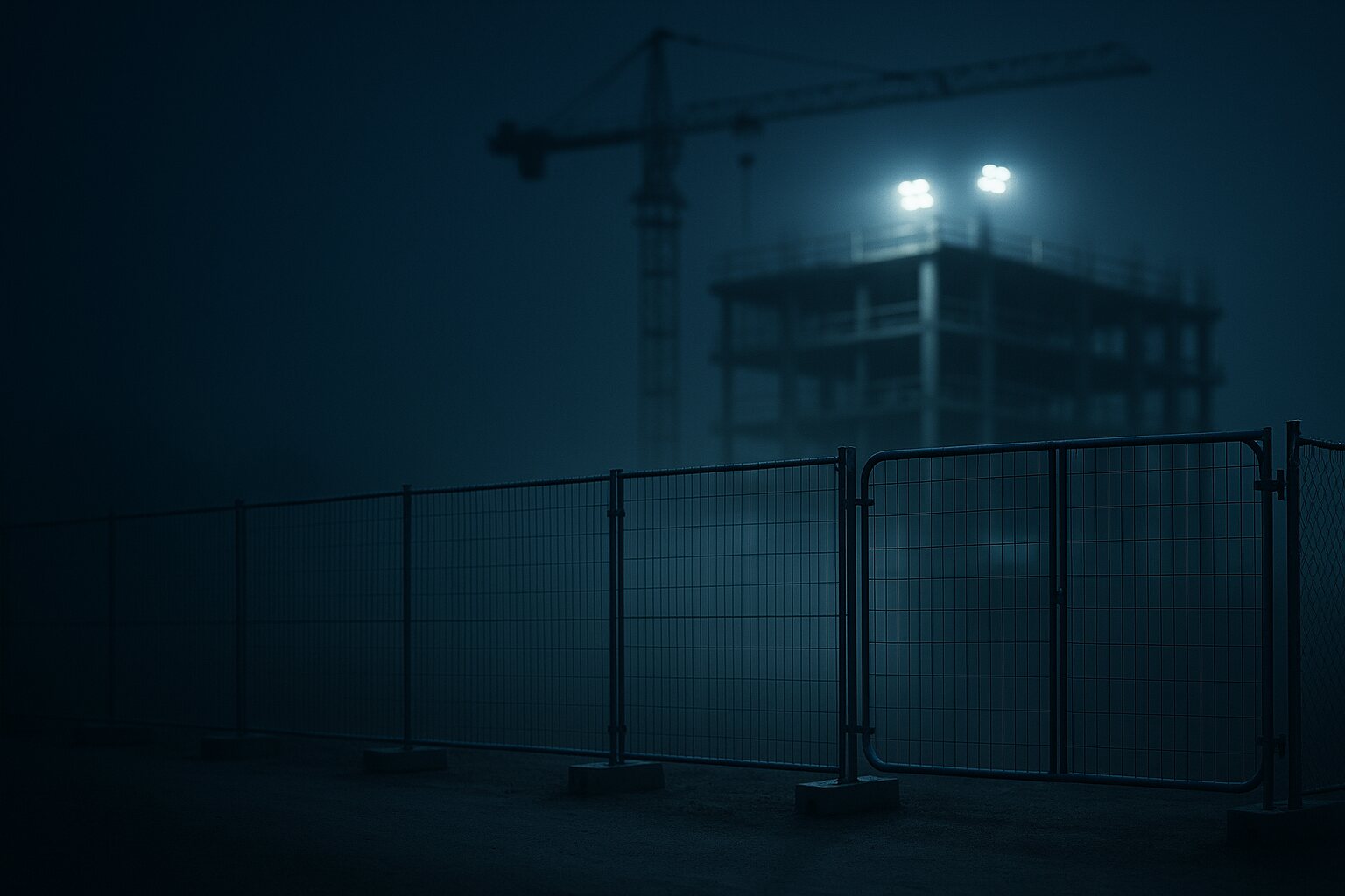 Construction site enclosed by temporary fencing at dusk
