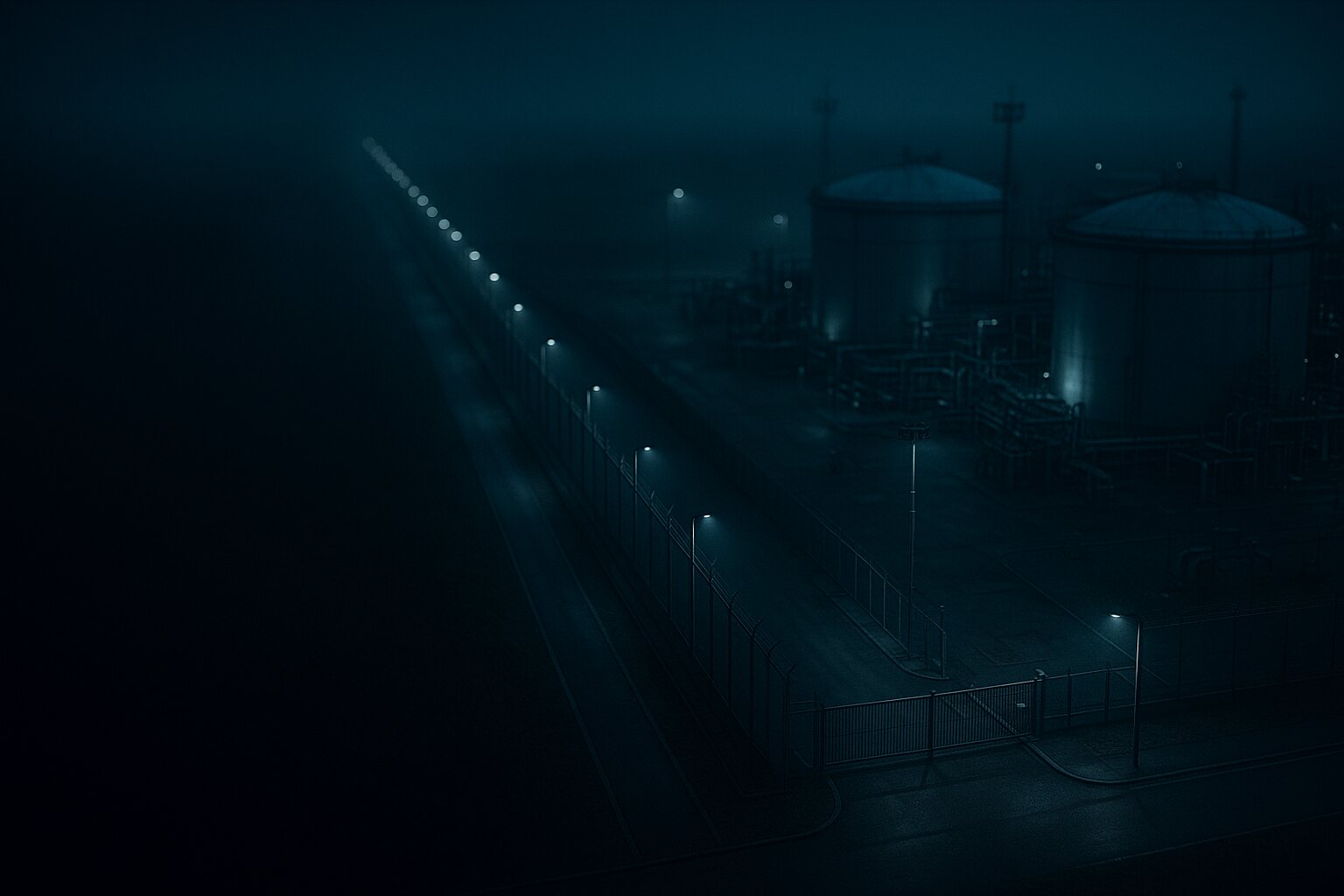 Aerial view of a fenced industrial compound with an illuminated perimeter