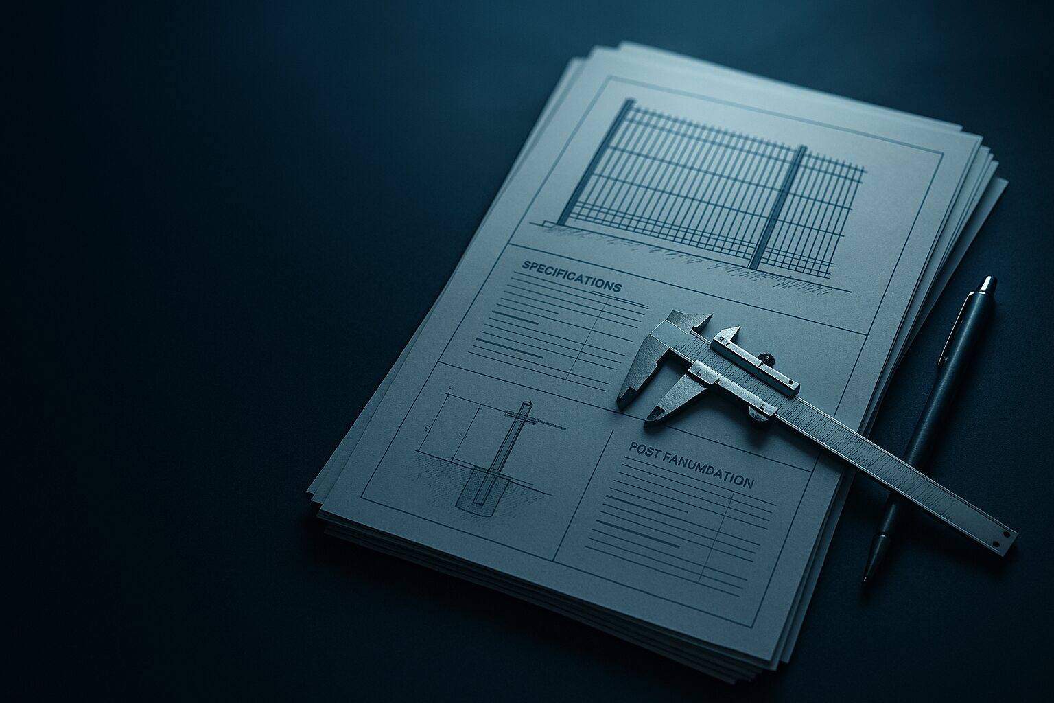 Technical drawings of fence sections and post foundations