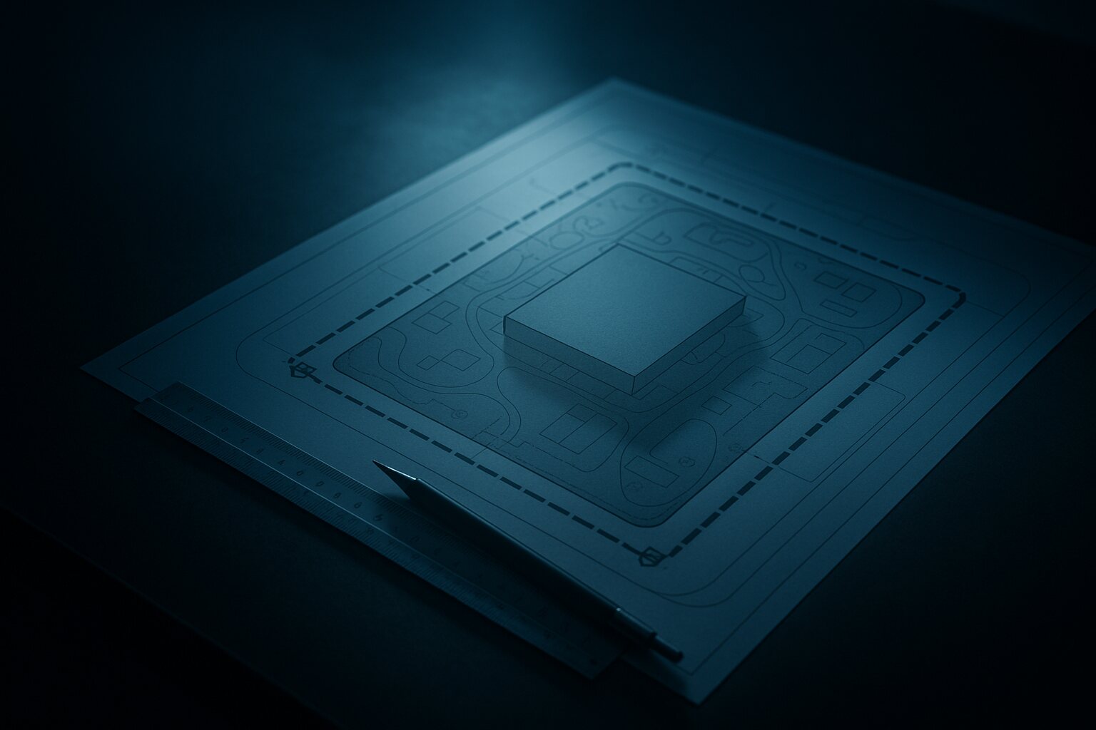 Site security plan on a drafting table with the perimeter line marked